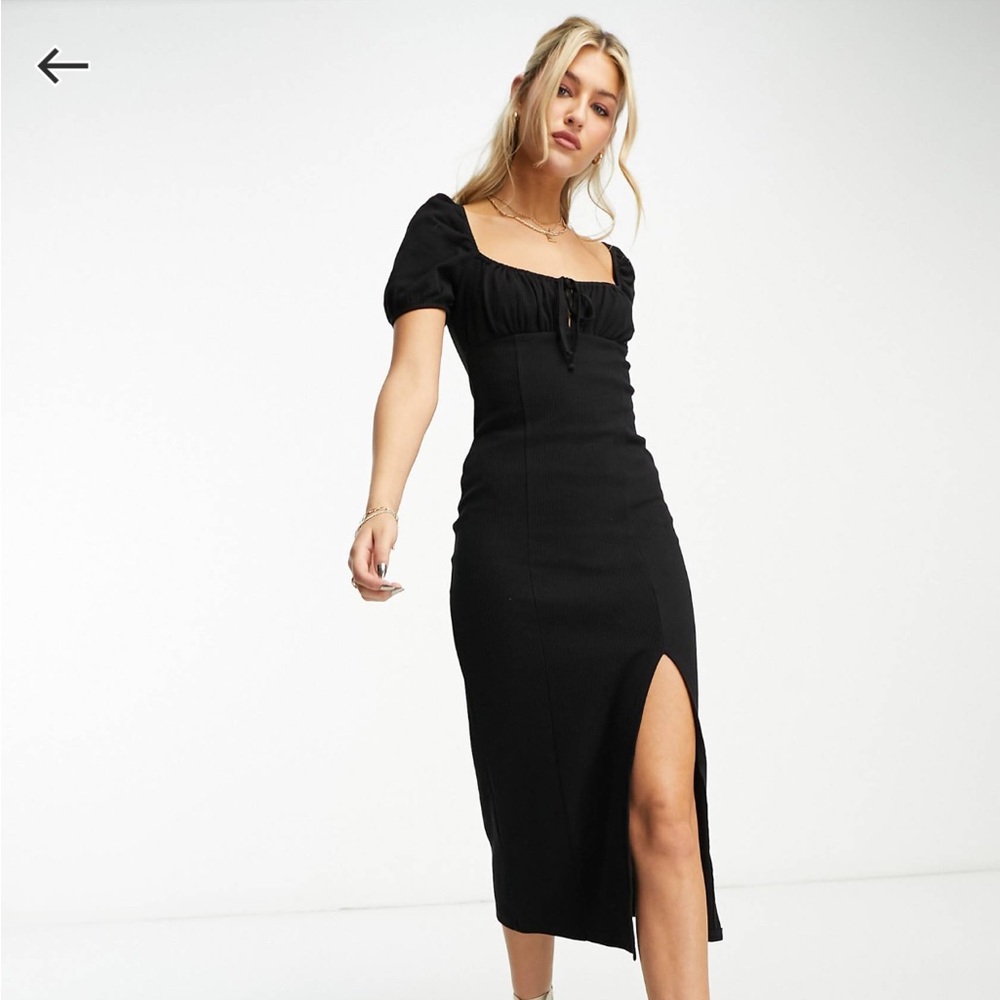 ASOS Black Midi Dress with Puff Sleeve and Split